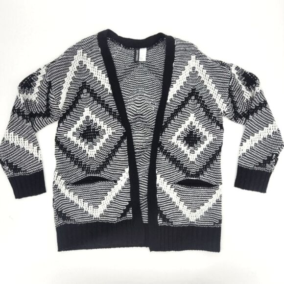 H&M Jacquard Knit Cardigan Size Small Womens Black White Long Sleeves Open Front - Picture 1 of 6